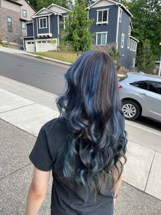 Dark Blue Hair Dye On Brown Hair, Dark Blue Hair On Brown Hair, Brunette Hair Blue Highlights, Brown And Blue Balayage, Blue Dye On Brown Hair No Bleach, Navy Blue Chunky Highlights, Brown And Blue Hair Underneath, Blue And Brunette Hair