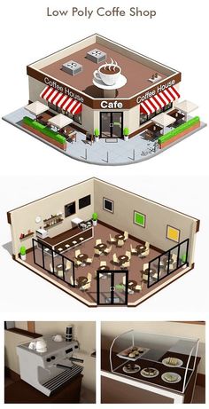 the low poly coffee shop is shown in three different views