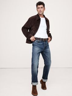 These sturdy straight-leg jeans are cut from artisanal selvedge denim in a 14oz.  weight, beloved for its rugged appeal and rich, dimensional washes that only improve with every wear.  Non-Stretch Straight Fit: Mid-rise.  Slim through the thigh, straight leg.  17" leg opening.  Denim from Italy's Candiani mill.  Button fly.  Belt loops.  Five-pocket styling.  *Inseam is 34" cuffed, 36" uncuffed.  *This style runs large.  Consider sizing down.  Straight Fit: Mid-rise.  Slim through the thigh.  St Classic Brown Jeans, Rugged Straight Leg Brown Jeans, Selvedge Straight Fit Jeans For Fall, Classic Brown Denim Jeans, Rugged Selvedge Straight Leg Jeans, Selvedge Jeans With Straight Hem For Fall, Rugged Selvedge Jeans In Rigid Denim, Rugged Selvedge Rigid Denim Jeans, Classic Leather Jeans With Belt Loops