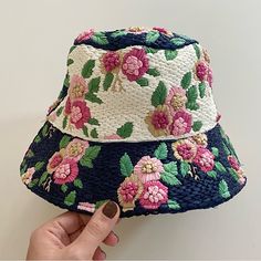 Brand New Lele Sadoughi Floral Embroidered Bucket Hat. Color: White & Navy With Pink Florals Fabric: Heavyweight Raffia Floral Embroidery Colorblock Pattern Just Overall Stunning! Great Quality. Fits A Medium Multicolor Floral Print Hat, Blue Embroidered Curved Brim Hats, Blue Embroidered Spring Hats, Spring Embroidered Blue Hats, Embroidered Blue Spring Hats, White Floral Embroidered Hats For Spring, White Floral Embroidered Spring Hat, White Hats With Floral Embroidery For Spring, Blue Spring Hats With Embroidered Logo