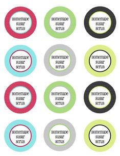 six circles with the words homemade start scrubs on them in red, green and blue