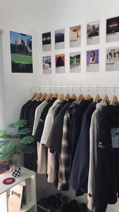 a room filled with lots of clothes hanging on the wall next to a potted plant