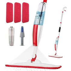 a red and white vacuum mop with its attachments