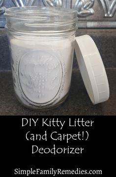 diy kitty litter and carpet deodorizer in a mason jar with text overlay