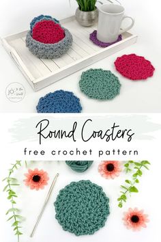 crocheted coasters with flowers on them and the text, round coasters free crochet pattern