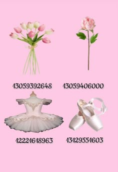 a pink background with different types of flowers and ballet shoes on the bottom right hand corner