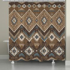 a brown and blue shower curtain with an abstract design on the outside, in front of a bathtub