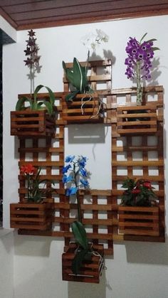 several wooden crates with flowers in them