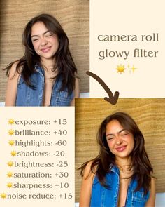 a woman with long hair and blue shirt next to a poster that says camera roll glow filter