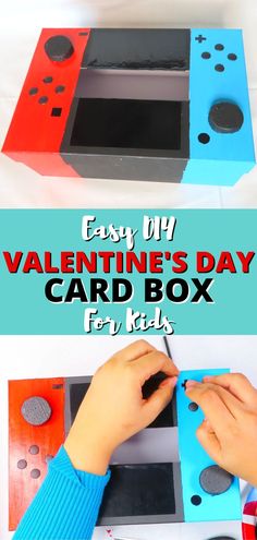 This Pinterest pin shows two pictures.  The top shows a Valentine's Day card box made to look like a Nintendo Switch and the bottom picture shows someone working on the details of the Valentine's Day card box.  In the middle of the pin, it reads "Easy DIY Valentine's Day Card Box for Kids."