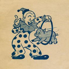 an old drawing of a clown holding a cat