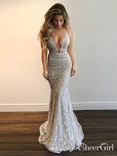 Spaghetti Strap Sexy Deep V Neck Mermaid Lace Prom Dress with Train AR – SheerGirl Sukienki Maksi, Evening Dress Beaded, Beaded Party Dress, Evening Dress Long, Mermaid Evening Gown, Prom Dresses 2018, Spaghetti Strap Prom Dress, Stunning Prom Dresses, V Neck Prom Dresses