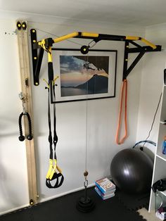 an exercise room with gym equipment hanging from the wall