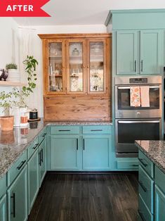 a kitchen with blue cabinets and wood floors is shown in this image, there are plants on the counter