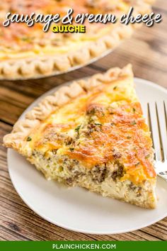 a slice of sausage and cream cheese quiche on a white plate with a fork