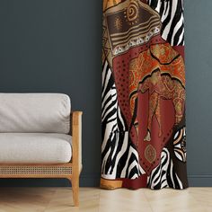 an elephant and zebra print shower curtain hanging on a wall next to a white chair