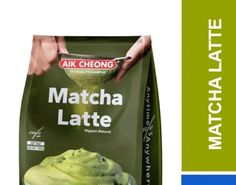 a bag of matcha latte next to an image of someone holding a spoon