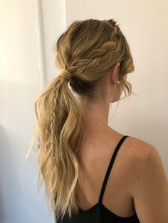 Ponytail Styles Formal, Wedding Guest Hairstyle Ponytail, Spring Ponytail Hairstyles, Bridesmaid Ponytail Braid, Ponytail Updo With Braid, Wedding Hairstyles Ponytail Braid, Bridesmaid Ponytail Hairstyles Medium Length, Dance Ponytail Hairstyles, Low Pony With Braid