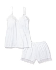 Women's Pima Cami Short Set with Lace in White Cotton Matching Set Pajama Shorts For Loungewear, Cotton Matching Set Tops With Relaxed Fit, Relaxed Fit Cotton Tops Matching Set, Cotton Sleep Sets With Lace Trim, Feminine Cotton Pajama Shorts For Spring, Feminine Cotton Pajama Shorts, Feminine Cotton Sleepwear Set, Feminine Cotton Sets For Summer, Feminine Cotton Summer Sets