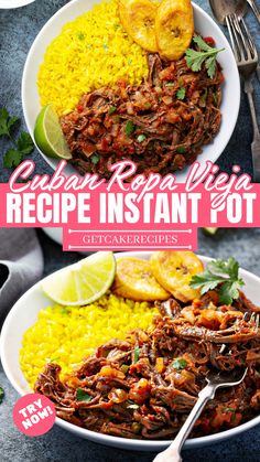 two plates filled with mexican food and the title reads, crockhan ropapiiega recipe instant pot