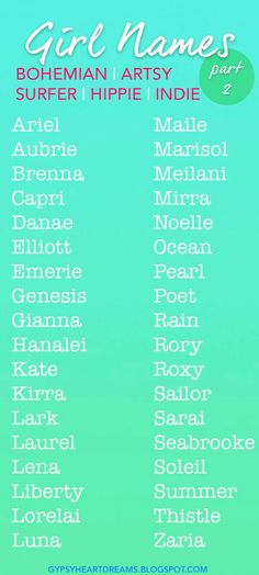 the girl names list for bohemian arty, super hippie indie in blue and green