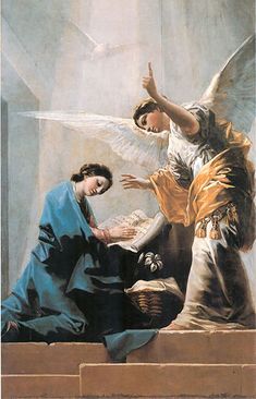 the painting depicts an angel kneeling next to a woman who is holding her hand out