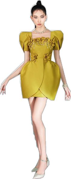 Spring Wedding Taffeta Mini Dress, Glamorous Taffeta Dress For Spring, Glamorous Spring Taffeta Dress, Sleeveless Taffeta Evening Dress For Spring, Spring Sleeveless Taffeta Evening Dress, Yellow Satin Party Dress, Gold Mini Dress For Spring Evenings, Yellow Satin Cocktail Dress, Gold Mini Dress For Evening In Spring