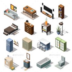 an assortment of furniture and decor items in the style of low polygonics - miscellaneous objects