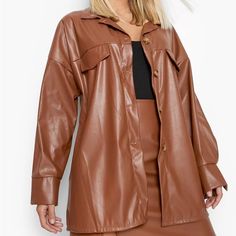 Brown Faux Leather Oversized Shirt Jacket. New With Tags. #Shacket #Fall #Oversized #Leather #Fauxleatherjacket Brown Faux Leather Outerwear For Fall, Fall Brown Faux Leather Outerwear, Collared Faux Leather Outerwear With Button Closure, Faux Leather Collared Outerwear With Button Closure, Faux Leather Long Sleeve Outerwear With Snap Buttons, Faux Leather Long-sleeved Outerwear With Buttons, Faux Leather Outerwear With Button Closure, Long Sleeve Faux Leather Outerwear With Button Closure, Faux Leather Outerwear With Button Closure For Fall