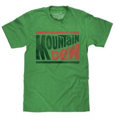 Do You Do The Dew? Mountain Dew's logo may have changed several times since the 1940's, but that crisp and refreshing taste has always remained. Whether you're a hardcore gamer or just enjoy a cold Dew, show your love with this authentic licensed Mountain Dew t-shirt. We picked one of Mt. Dew's longest lasting logos and gave it a fun, lightly distressed look. To complete the retro feel, we’ve printed it on the highest quality poly-cotton Kelly Green Heather tee around. Poly/Cotton blend Soft Tou