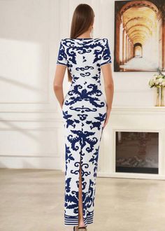 This Short Sleeve Printed Maxi Dress features a traditional Chinese print on a pencil shaped design. The round neck and invisible zipper on the back add practicality to its stylish look. Made with knitted fabric, this dress offers comfort and versatility. Perfect for summer outings or special occasions. Fabric: High Stretch Material: Polyester, Elastane Fitted Floral Print Dress With Crew Neck, Elegant Blue Crew Neck Dress, Chinese Prints, Open Back Maxi Dress, Embellished Maxi Dress, Lace Top Long Sleeve, Cowl Neck Top, A Pencil, Maxi Gowns