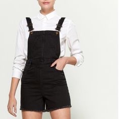 Let This Super Maje Black Denim Raw Hem Cutoff Shorts Overalls Be Your Playsuit. Pair With A Tee And Tennis Shoes. Square Neck Bib Bib Utility Pockets Side Hip Pocket Straps At Back Back Patch Pockets Extra Button Included Fitted Frayed Hem Side Zip Closure 92% Cotton 6% Polyester 2% Elastane Body, 81% Polyester 19% Cotton Pocket Lining Machine Washable Imported Fr36 = Us 2/4 Fits Tts For Most Lowest Price Listed Sorry Offers Ignored Final Sale Trendy Black Shortalls For Summer, Black Cotton Overalls Jeans, Black High Waist Casual Denim Jumpsuit, Casual Fitted Shortalls For Workwear, Black High-waisted Denim Overalls, Black High-waist Denim Jumpsuit Casual, Casual Black High-waist Denim Jumpsuit, Fitted Casual Shortalls For Work, Black Cotton Overalls