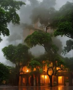 a house is surrounded by trees in the rain