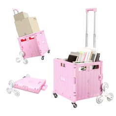 three different types of pink luggage with wheels and boxes on top, including a rolling cart