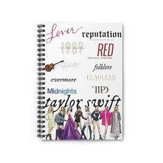 a spiral notebook with different types of women's clothing on it