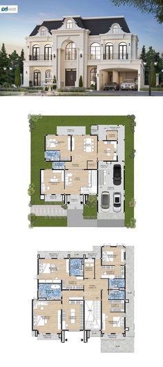 two story house plan with three floors and an open floor plan for the first level