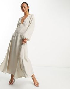 ASOS DESIGN satin shirred waist midi dress with blouson sleeves in stone Maternity Shoot Dresses, Neutral Dresses, Bridesmaid Ideas, Goddess Costume, Casual White Dress, Asos Curve, Maternity Shoot, White Party, Engagement Shoot