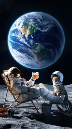 two astronauts are sitting on the moon drinking beer and looking at the earth in space