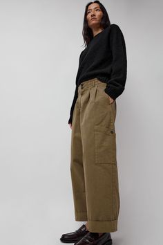 YMC Grease Trouser in Olive Grease, Herringbone, Patch Pocket, Work Wear, Wide Leg, Trousers, High Waisted, Pants, Closet