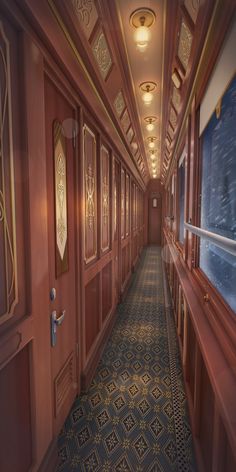 a long hallway with wooden doors and carpeted flooring on either side of it