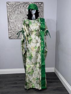 African/Nigeria bubu brocade outfit. One size. Small sized scarf. Oversized,And  Please note measurements: Width: 64inches Lenght: 62inches Long Silk Dupatta, Organdi Bubu, Traditional Green Long Agbada, Traditional Long Green Agbada, Satin Bubu Dress, Green Loose Fit Long Kaftan, Traditional Long Agbada Free Size, Traditional Long Agbada In Free Size, Oversized Long Green Kaftan