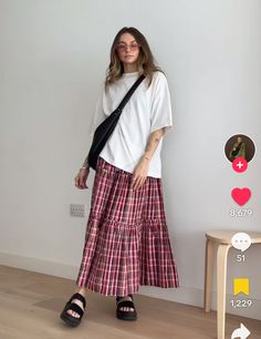 Long Skirt With Baggy Shirt, Midi Summer Skirt Outfits, Light Layers Outfit Summer, Long Gingham Skirt Outfit, Gingham Midi Skirt Outfit, Tired Skirt Outfit, Outfits With Chunky Sandals, Skirt Outfits Petite, Big Shirt And Skirt Outfit