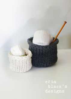 two crocheted baskets with yarn in them