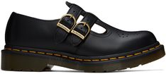 Polished leather Mary Jane-style loafers in black. · Perforated detailing at toe · Pin-buckle straps at vamp · Yellow stitching at heat-sealed Goodyear welt · Treaded Air Cushion rubber sole · Heel: H1.25 Supplier color: Black smooth leather Mary Jane Loafers, Style Loafers, Dr Martens Black, Leather Mary Janes, Goodyear Welt, Dr. Martens, Smooth Leather, Flat Shoes Women, Mary Janes