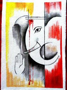 an elephant painted on the side of a red and white wall with paint splattered all over it