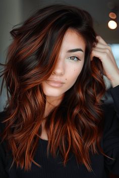 BlackandCopperHairDyeIdeas161 Copper Hair Color With Dark Roots, Red Balayage Dark Hair, Dark And Copper Balayage, Womens Long Hair Color Ideas, Cowboy Copper Hair Dark Root, Black And Copper Hair Balayage, Natural Fall Hair Color, Dark Red And Copper Hair, Brown To Red Balayage Hair