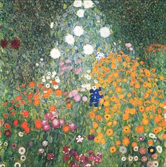 a painting of colorful flowers in a garden