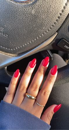 Red Almost Nails, Red Almond Nails Acrylic, Round Almond Acrylic Nails, Red Nails Inspo Almond, Strawberry Red Nails, Red Nail Inspo Almond, Raspberry Red Nails, Pinky Red Nails, Red Nails Dark Skin