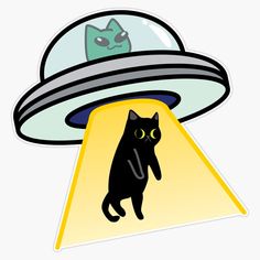 a black cat sitting on top of an alien spaceship with a green eyed cat in the background