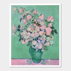 a painting of pink roses in a green vase